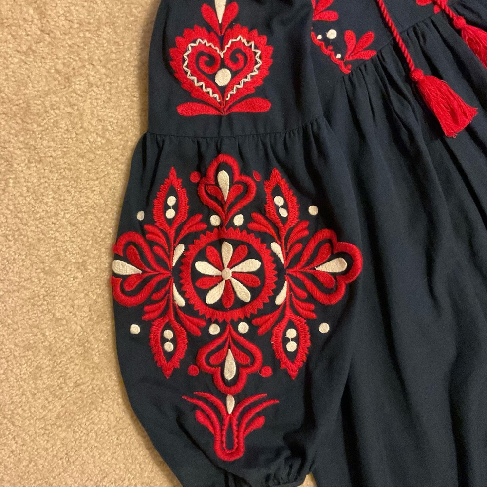 Zara Woman Boho Navy Blue Red Embroidered Tunic Long Sleeve Midi Dress Women’s L - Picture 9 of 14